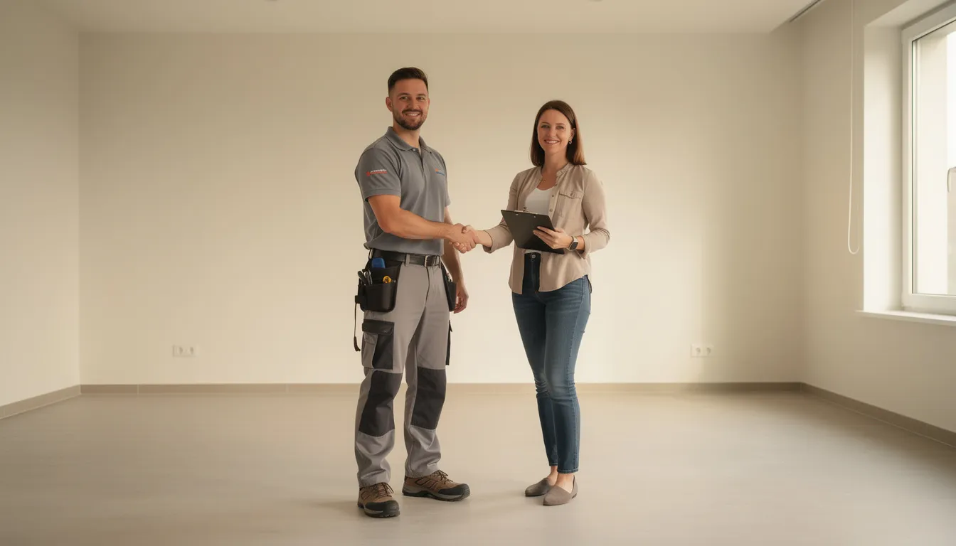 Ein Dienstleister und ein Kunde geben sich die Hand in einem geräumten Raum, der zuvor entrümpelt wurde. Der Raum strahlt Ordnung und Sauberkeit aus, was die erfolgreiche Zusammenarbeit im Bereich Haushaltsauflösungen und Entrümpelung in Bremen unterstreicht.