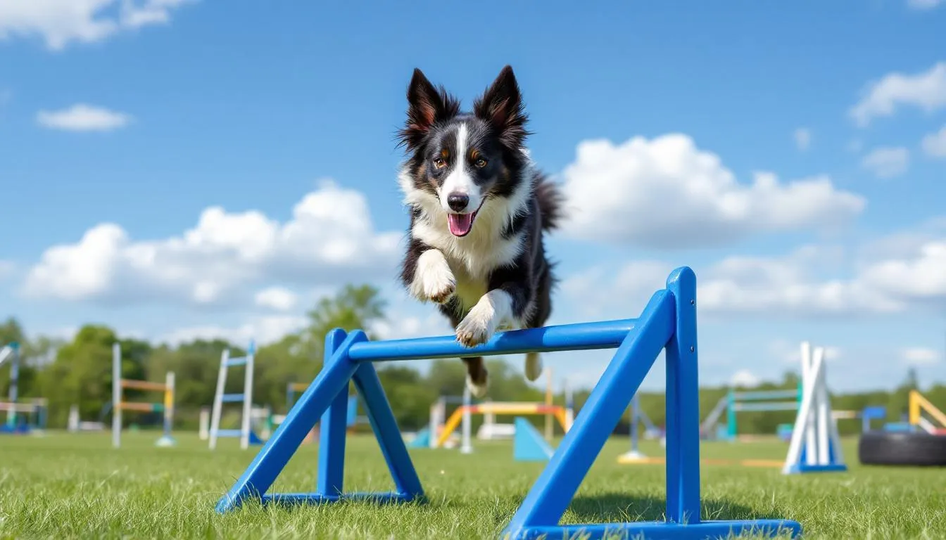 A Border Collie is energetically running through an agility course, showcasing its agility and speed, which is essential for the physical exercise and mental stimulation that high-energy breeds like this require to stay healthy and happy. Regular exercise, such as navigating dog sports, helps maintain a dog