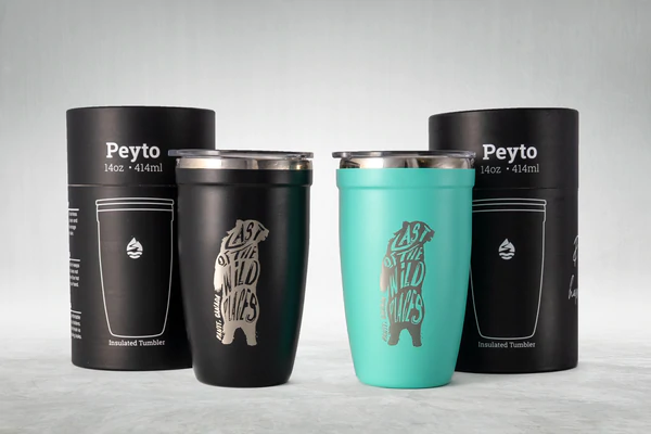 SkiBig3 Custom Tumbers Last of the wild placess design on Peyto coffee tumbler black and turquoise color