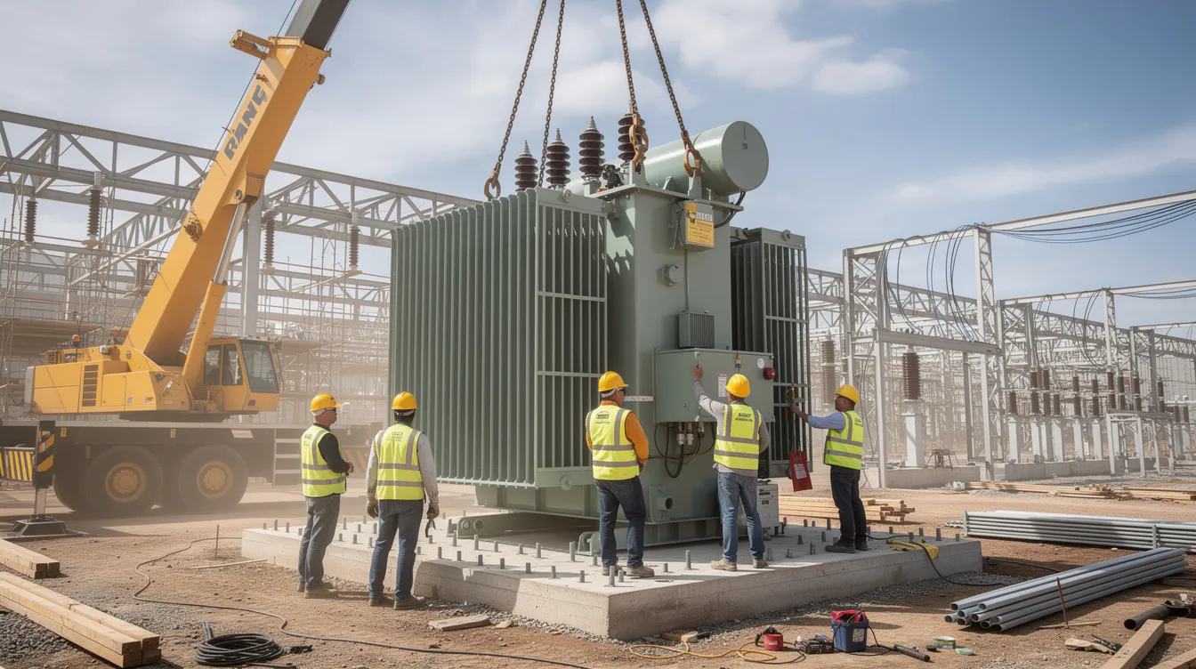 The image depicts a large industrial electrical transformer being installed at a construction site, showcasing the complexity of the construction project. Workers are seen coordinating around the equipment, highlighting the importance of contingency planning to manage unexpected costs and maintain financial stability throughout the project lifecycle.