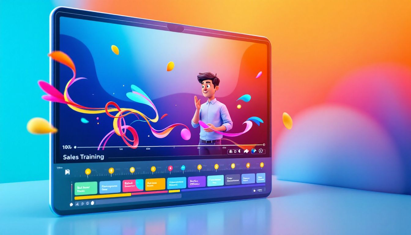 A video editing software interface showing the creation of a sales training video.