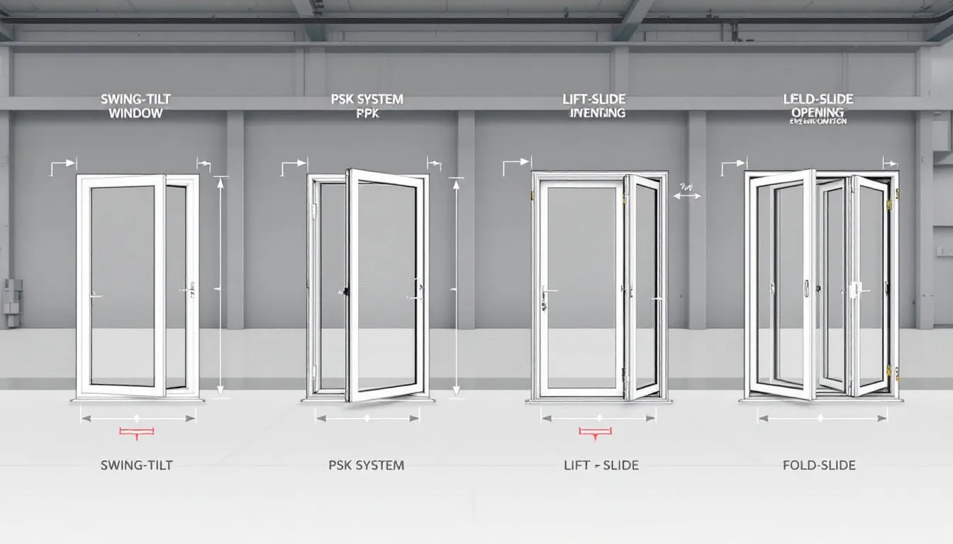 Das Bild zeigt verschiedene Öffnungsmechanismen von Terrassentüren, darunter Dreh-Kipp-Balkontüren, PSK-Türen, Hebeschiebetüren und Falt-Schiebetüren. Diese unterschiedlichen Modelle bieten vielseitige Optionen für den Zugang zur Terrasse und verbessern die Lichtverhältnisse im Innenraum.