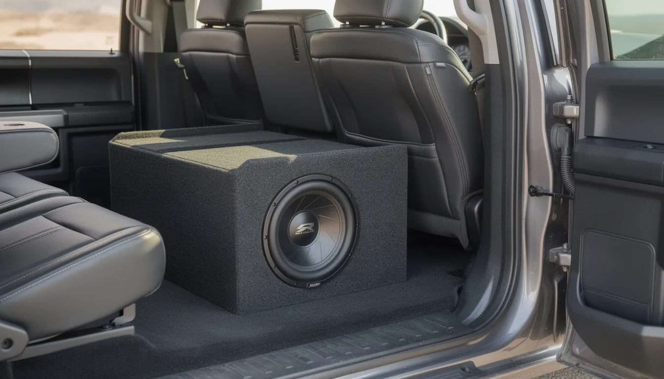 The image shows the interior of a pickup truck featuring a custom shallow enclosure housing a car subwoofer installed behind the rear seat. This setup is designed to enhance the sound quality of the car audio system, providing powerful bass output while maximizing space efficiency.