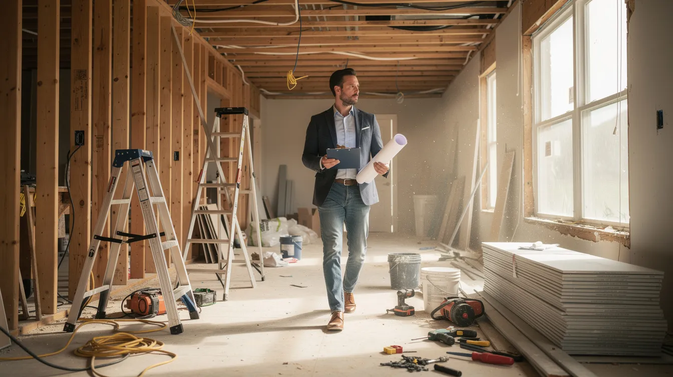 A real estate investor is walking through a property that is currently under renovation, showcasing exposed framing and various tools scattered around. This scene highlights the ongoing home improvement process, which could potentially increase the property's value and equity, making it an ideal investment for those considering options like a home equity line of credit or cash out refinance.