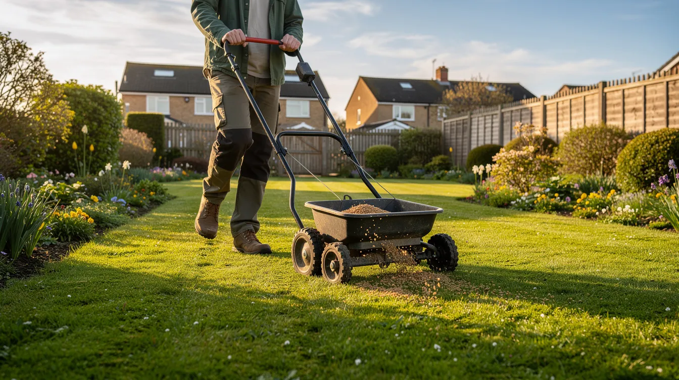 A person is pushing a lawn spreader across a lush green garden lawn in the UK on a sunny spring morning, applying granular lawn feed to promote healthy grass growth and eliminate pesky weeds. The scene captures the essence of lawn care, emphasizing the importance of feeding the lawn for consistent growth and a weed-free environment.