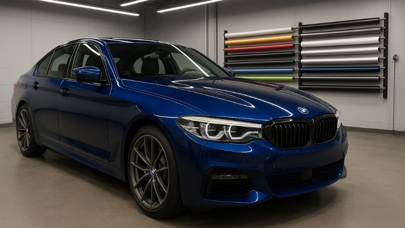 A blue wrapped BMW standing in a vinyl wrapping studio