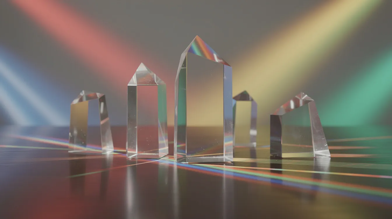 De afbeelding toont verschillende transparante glazen prisma's op een tafel, die gekleurd licht weerkaatsen. Deze optische prisma's hebben verschillende vormen, zoals driehoeken en rechthoeken, en kunnen helpen bij het verbeteren van het zicht voor mensen met klachten zoals scheelzien of dubbelzien.