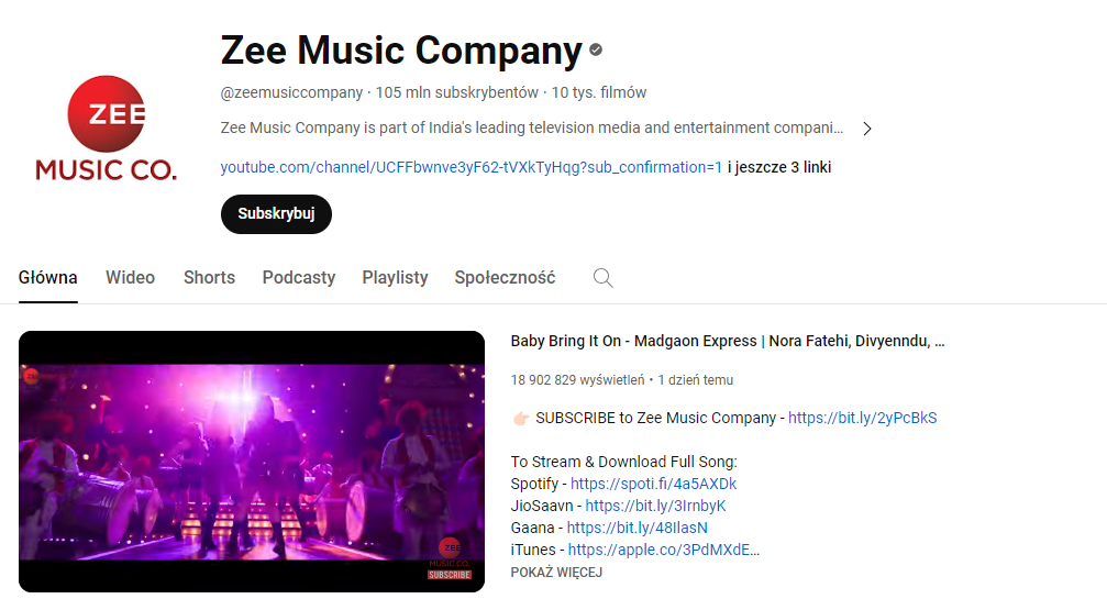 Kanał na YouTube Zee Music Company.