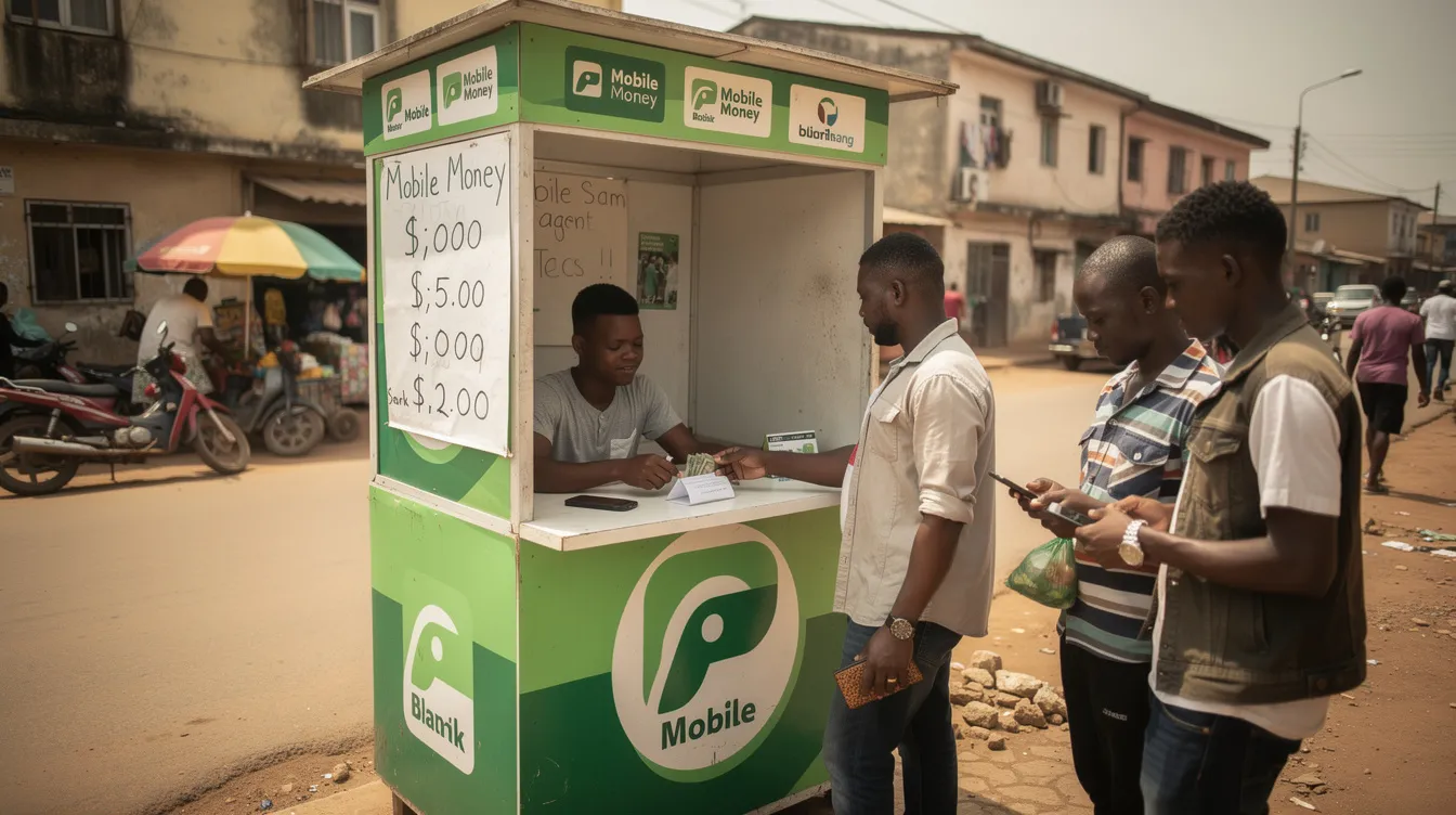 The image depicts a busy street-level mobile money agent booth in a Nigerian neighborhood, where customers are engaging in various financial transactions, such as bill payments and money transfers. This scene highlights the growing trend of digital financial services and mobile banking in Nigeria, providing convenient access to banking services for everyday users and small businesses.