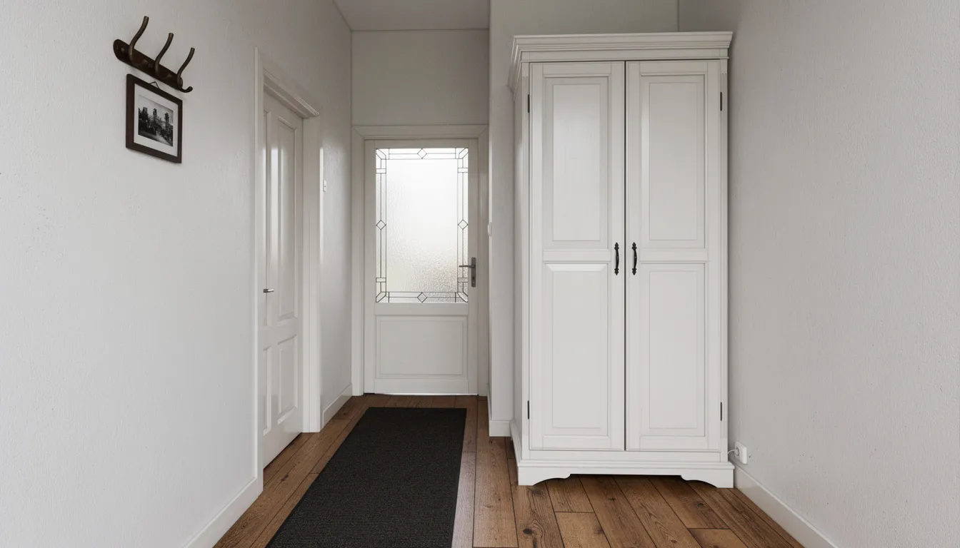 Garderobekast hal: maatwerk oplossingen voor een opgeruimde entree Een smalle gang in Nederlandse jaren '30 stijl, voorzien van een maatwerk garderobekast met een witte afwerking. De kast biedt praktische opbergruimte voor jassen en accessoires, en past perfect in de beschikbare ruimte van de hal.