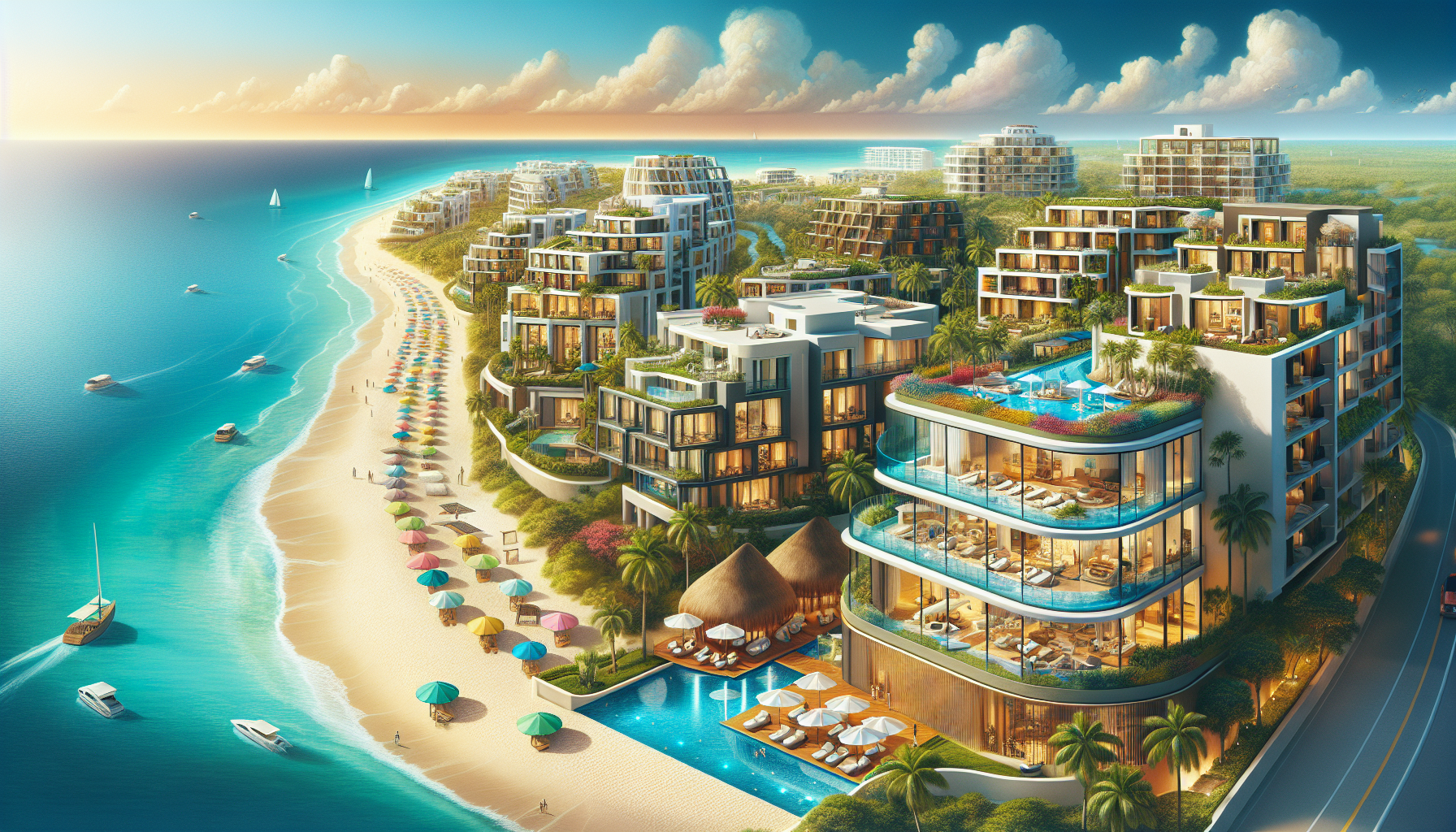 An artistic representation of the real estate market in Playa del Carmen, featuring various properties like condos and villas.