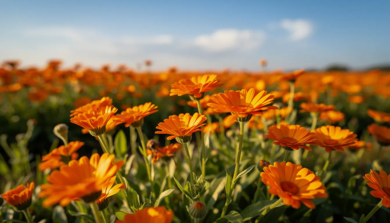 A vibrant field filled with bright orange and yellow calendula flowers blooms under the warm sunlight, showcasing the beauty of calendula officinalis. These flowers are known for their soothing properties, making them ideal for sensitive skin and skincare products aimed at calming irritation and redness.