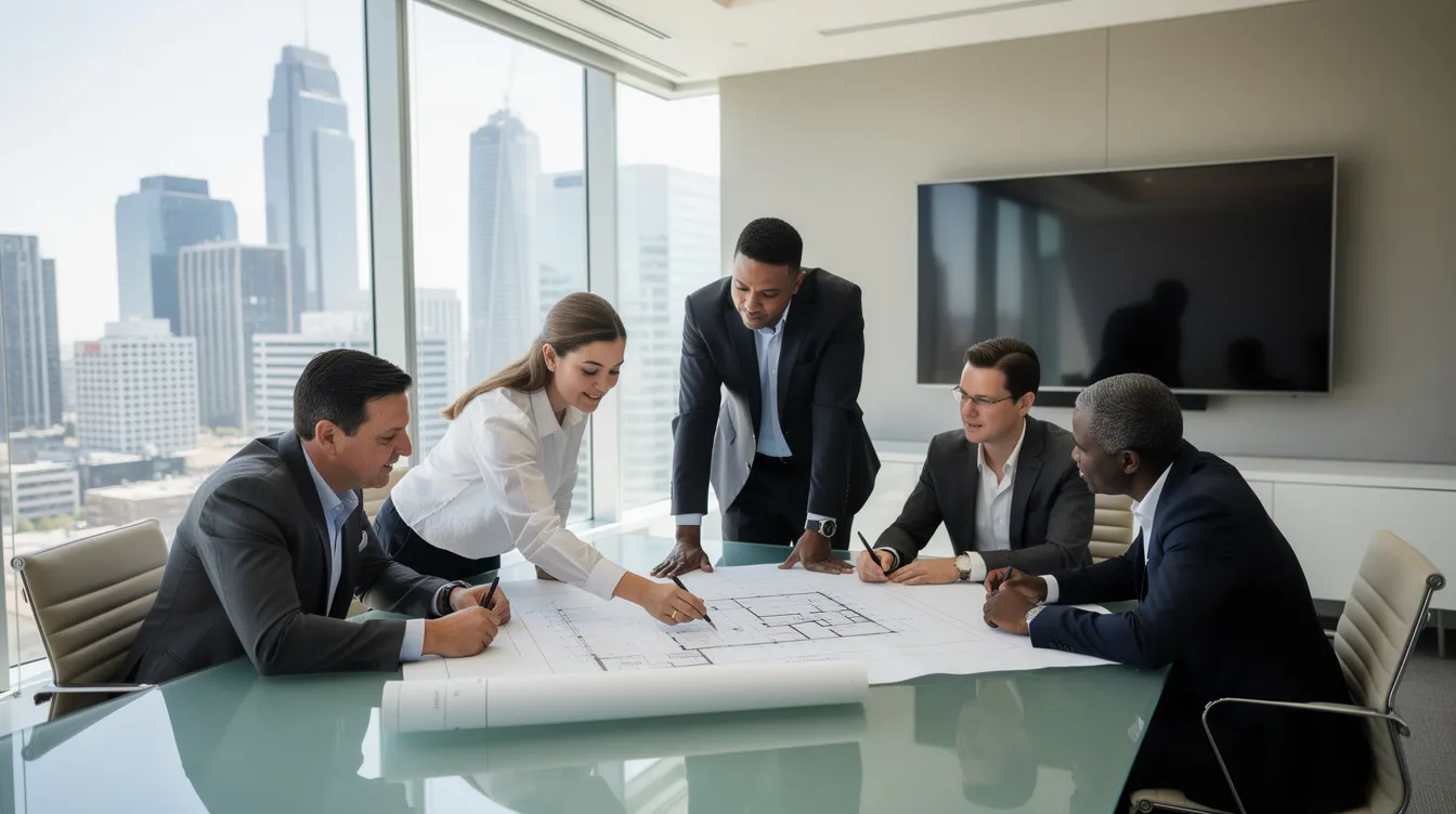 A confident business team is gathered in a modern conference room with large windows that provide a view of the cityscape, as they review architectural plans. This scene reflects a strategic approach to commercial real estate marketing, showcasing collaboration and decision-making in a professional environment.