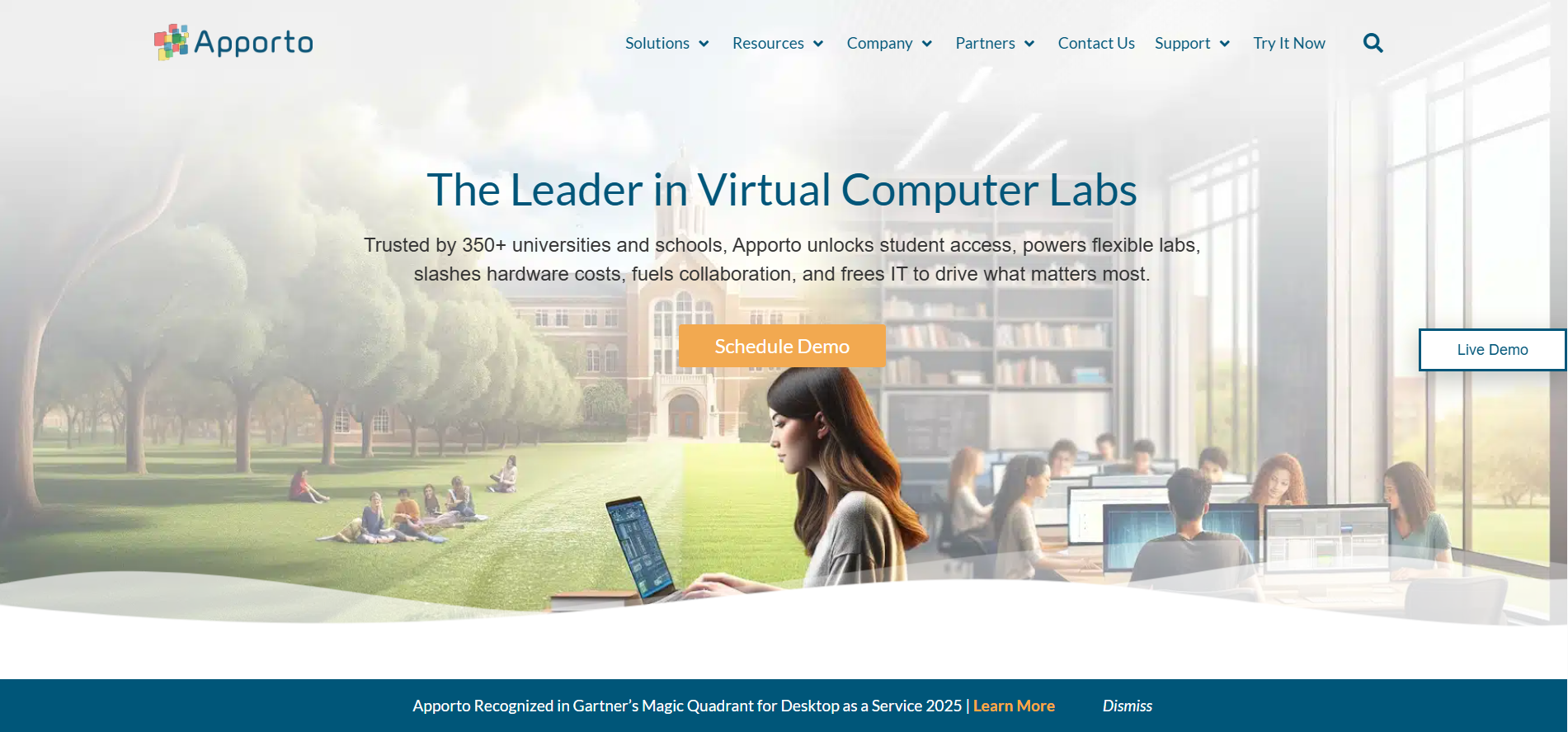 Website homepage featuring students using cloud-based virtual computer labs and browser-accessible software environments in a modern educational setting.
