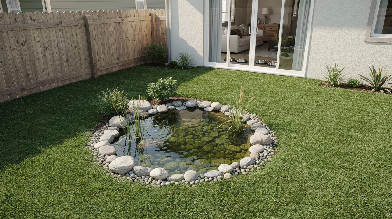 The image shows a fenced backyard featuring a serene pond surrounded by neatly trimmed grass, with pet bowls placed indoors, suggesting a safe environment for pets. This setting may be a precautionary measure to avoid attracting invasive cane toads, which are known for their toxic secretions that can harm pets.