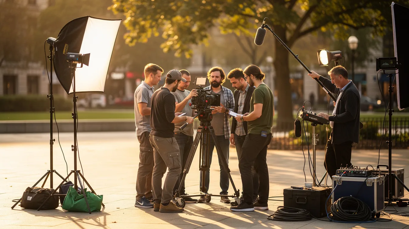 A film crew is set up outdoors, capturing a commercial scene with professional lighting equipment, showcasing their expertise in video production. This collaborative effort highlights the commitment of the video production company to deliver high-quality visuals and impactful advertising video content.