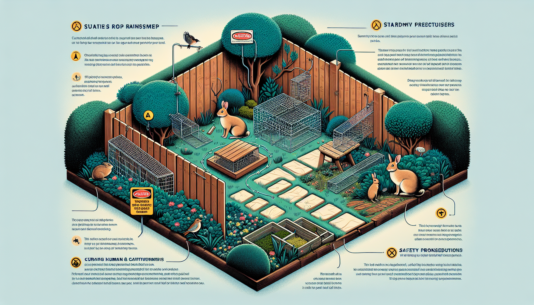 A diagram illustrating the safe setup of traps in a backyard environment.