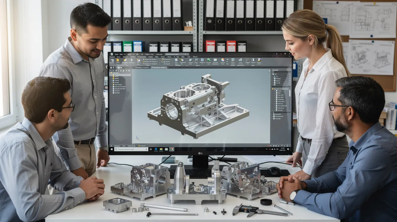 An engineering team is gathered around a workstation, intently reviewing a 3D CAD model displayed on a large monitor, while metal prototype parts are spread across the desk, showcasing the precision and detail involved in their rapid prototyping and CNC machining processes. The scene reflects a collaborative atmosphere focused on delivering industrial-grade machining solutions and ensuring exceptional quality in their designs.