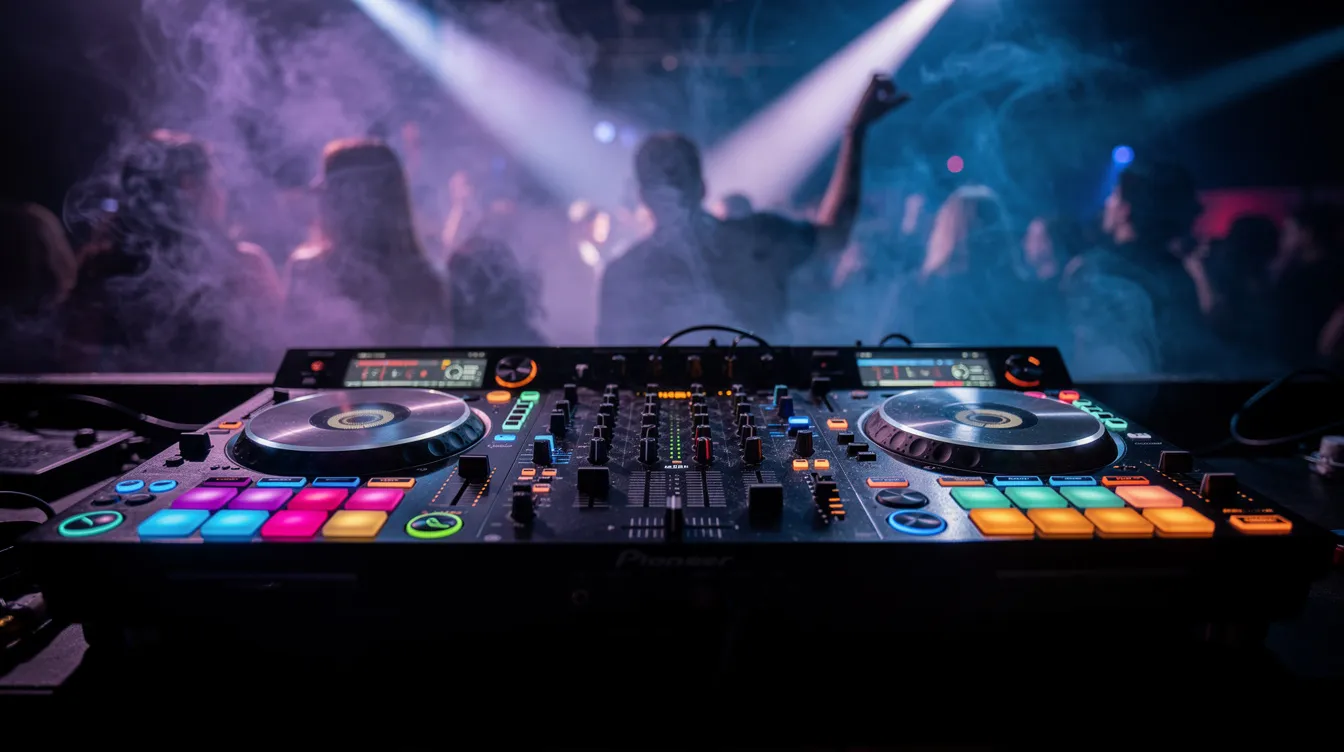 Ein DJ-Controller mit bunten Lichtern steht im Mittelpunkt eines Clubs, umgeben von Rauch und einer tanzenden Menge. Die Atmosphäre ist lebhaft und energisch, ideal für Musikgenres wie Hip Hop, R&B und Rock.