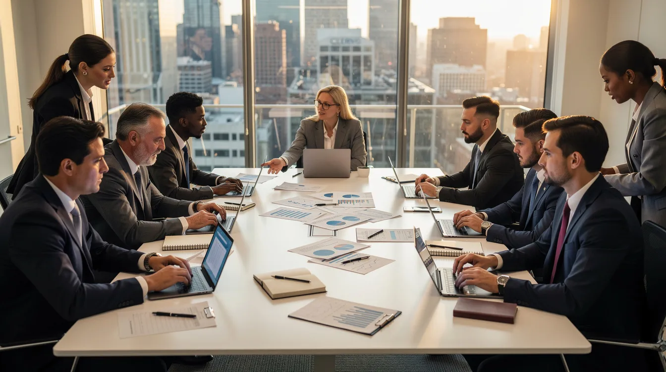 The image depicts a diverse group of professionals engaged in collaboration around a conference table, equipped with laptops and documents, symbolizing teamwork in the governmental decision-making process. This setting reflects the principles of transparency and impartial administration, essential for California politics and the Fair Political Practices Commission's objectives.