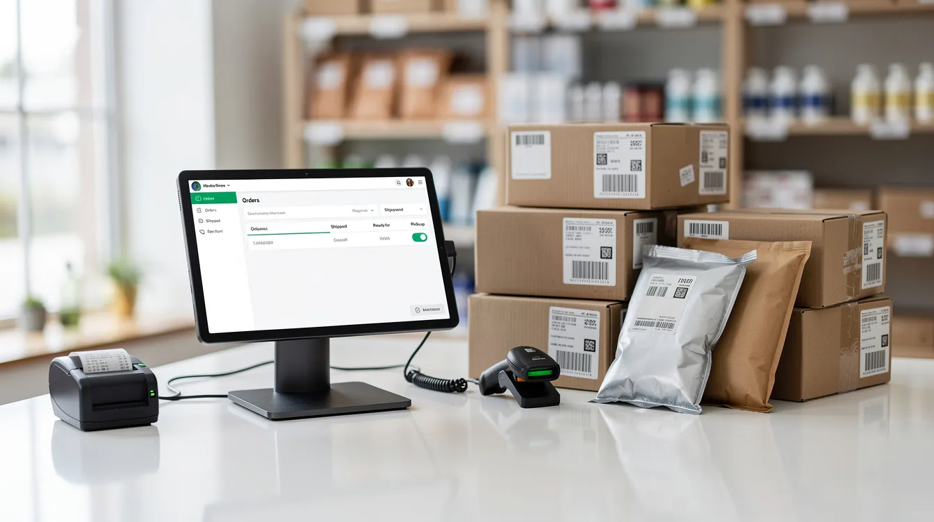 The image shows a retail counter featuring a tablet alongside neatly packaged ecommerce orders, symbolizing the integration of online sales and business operations for small business owners. This setup reflects the modern ecommerce landscape, where physical and digital products are managed efficiently through various ecommerce platforms.