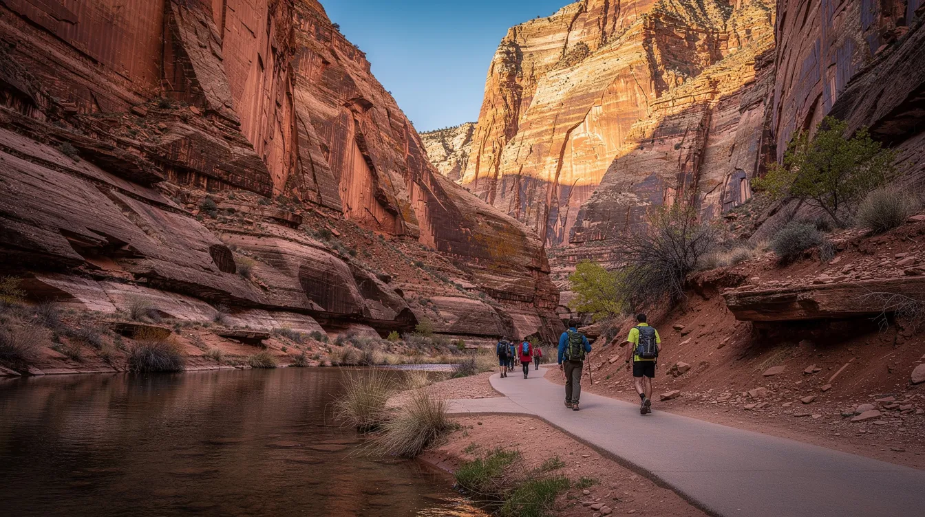 A group of hikers is walking along a paved riverside trail in Zion National Park, surrounded by towering red sandstone cliffs on both sides of a narrow canyon. The trail follows the Virgin River, offering stunning views of the canyon walls as it meanders through this picturesque landscape.