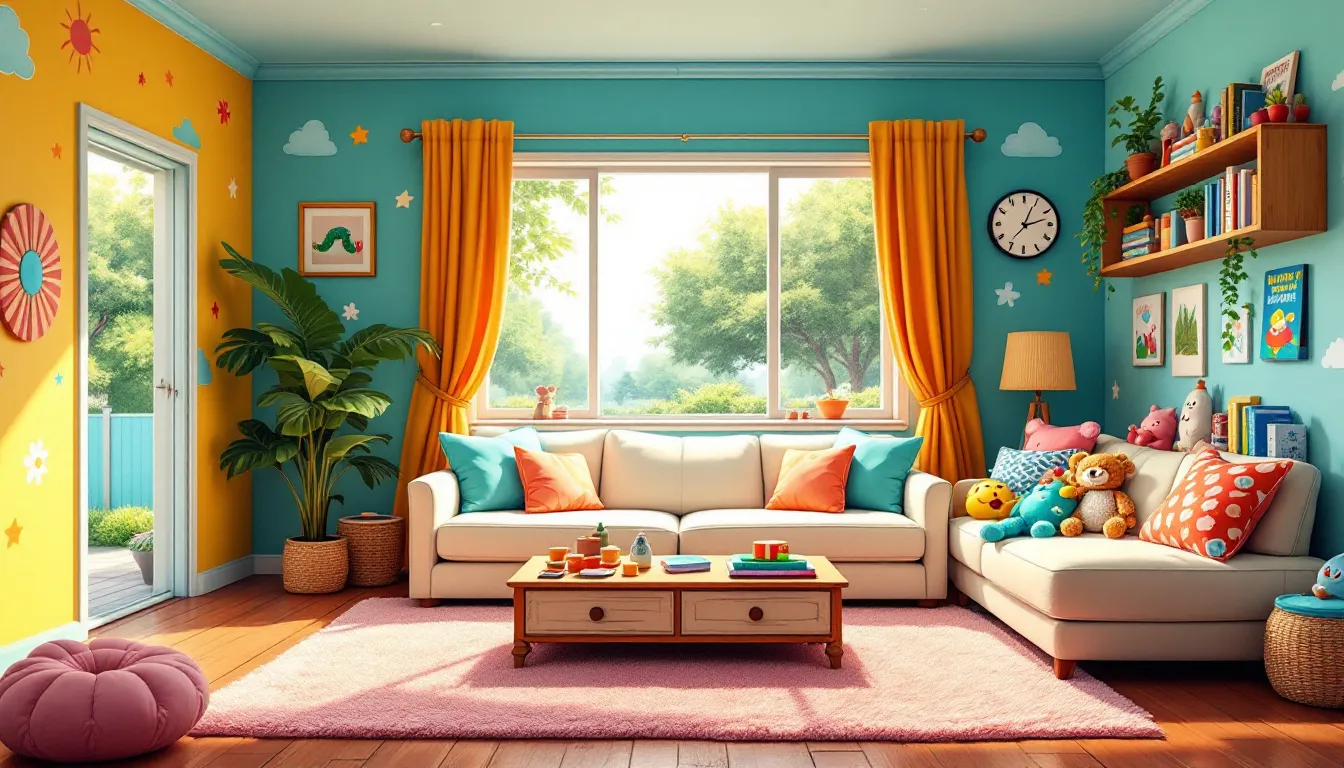 Playful yet stylish decor in a family living room, ideal for kids.