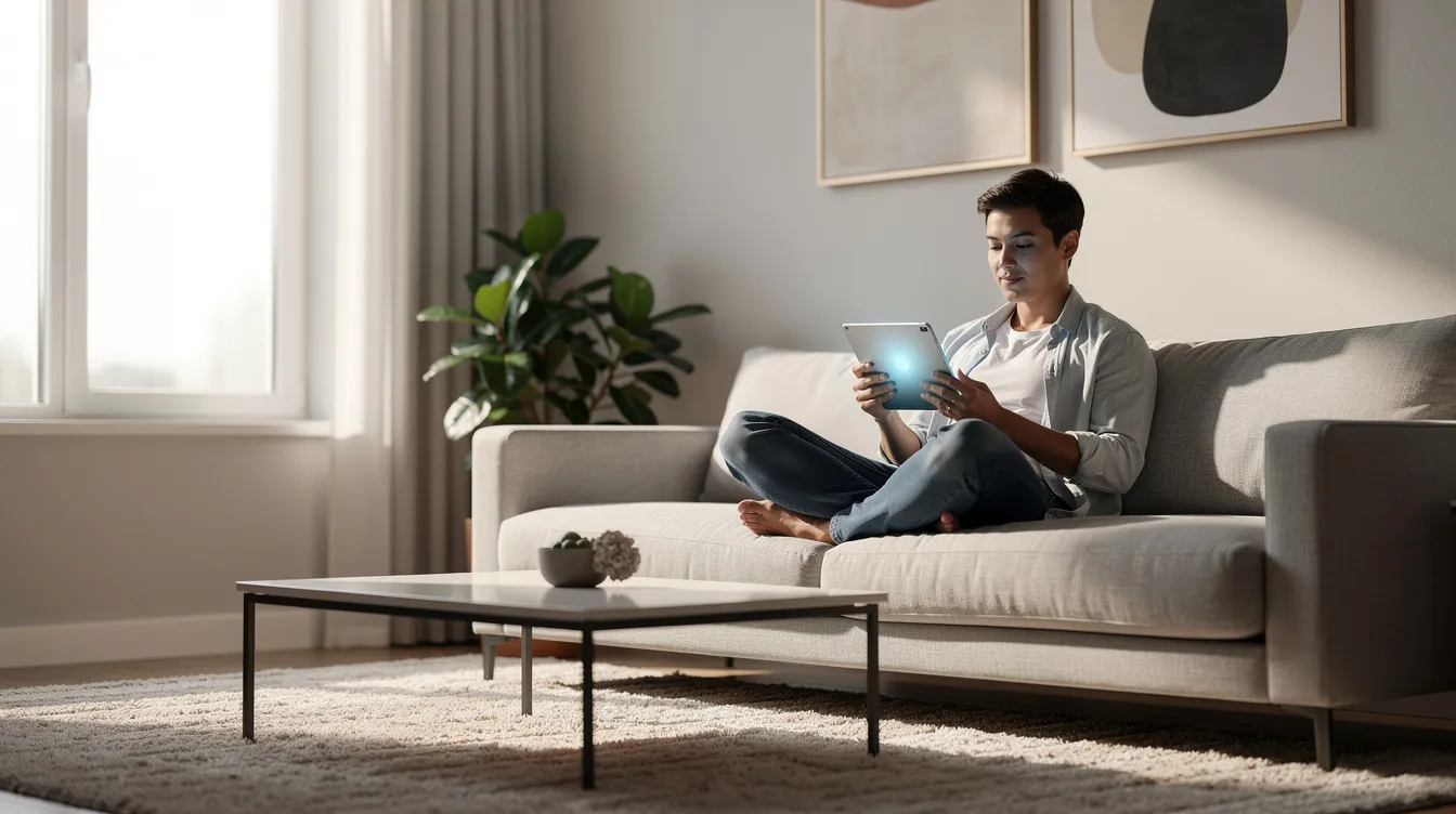 A person is comfortably seated on a modern sofa, engrossed in a tablet device, surrounded by a stylish living room that features contemporary decor. This scene reflects a relaxed atmosphere, perfect for exploring online casinos or engaging in responsible gambling tools.