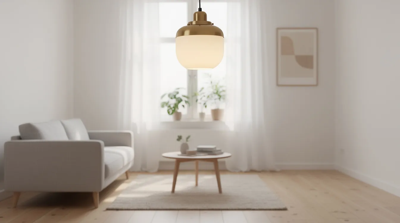 En hängande fönsterlampa i mässing med opalglas hänger elegant framför ett fönster i ett ljust skandinaviskt vardagsrum, vilket skapar en mysig atmosfär med behagligt ljus. Lampan är en vacker inredningsdetalj som passar perfekt i rummet.