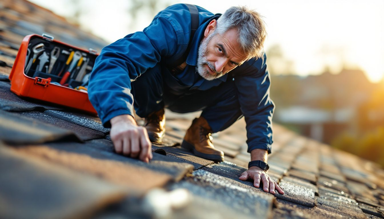 A roofing professional inspecting a roof for repairs.