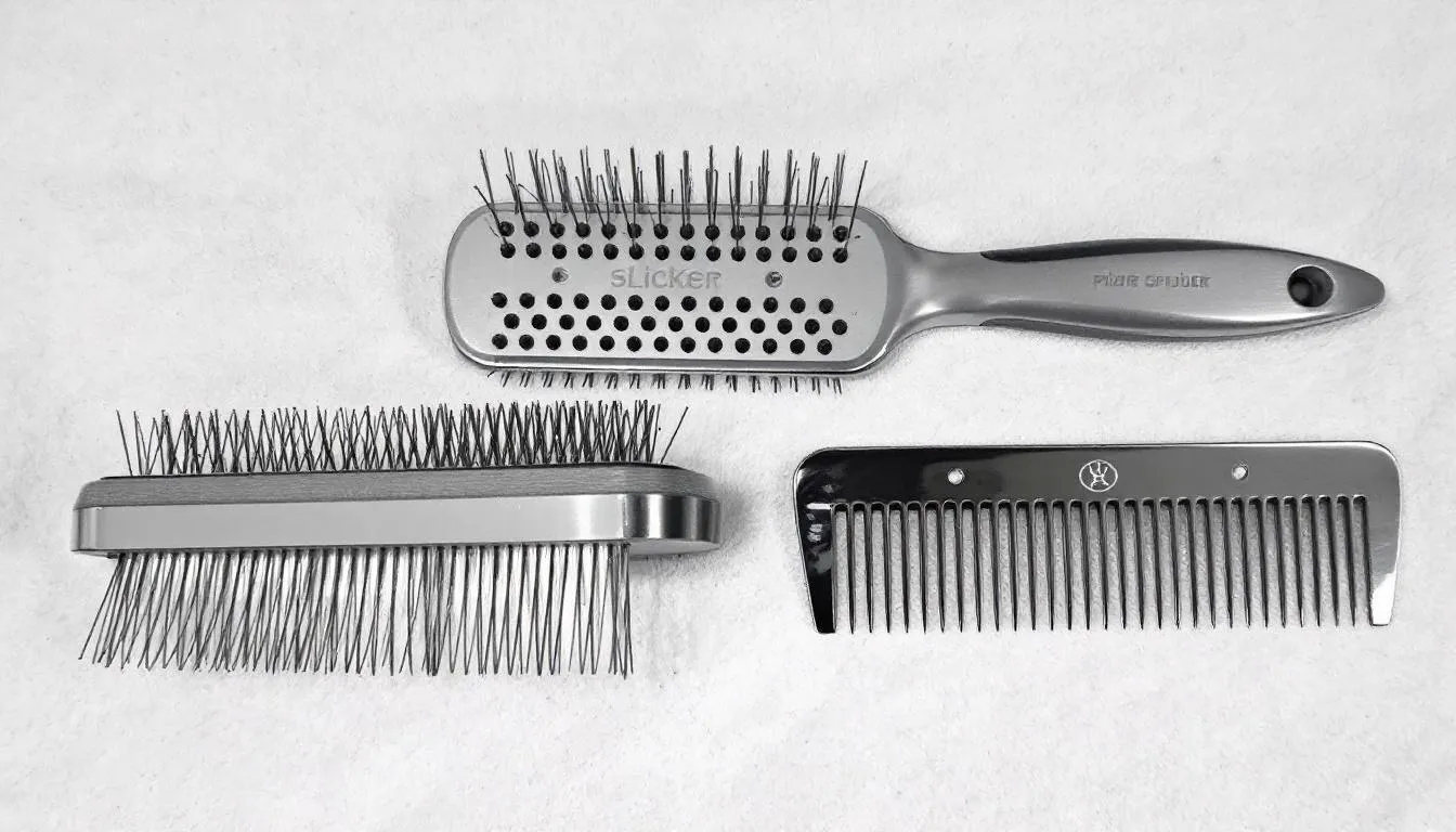 A collection of dog grooming tools, including a slicker brush, pin brush, and metal comb, is neatly arranged on a towel, ready for use in maintaining the coats of various dog breeds, including goldendoodles and golden retrievers. These tools are essential for regular grooming routines to manage shedding and keep a dog