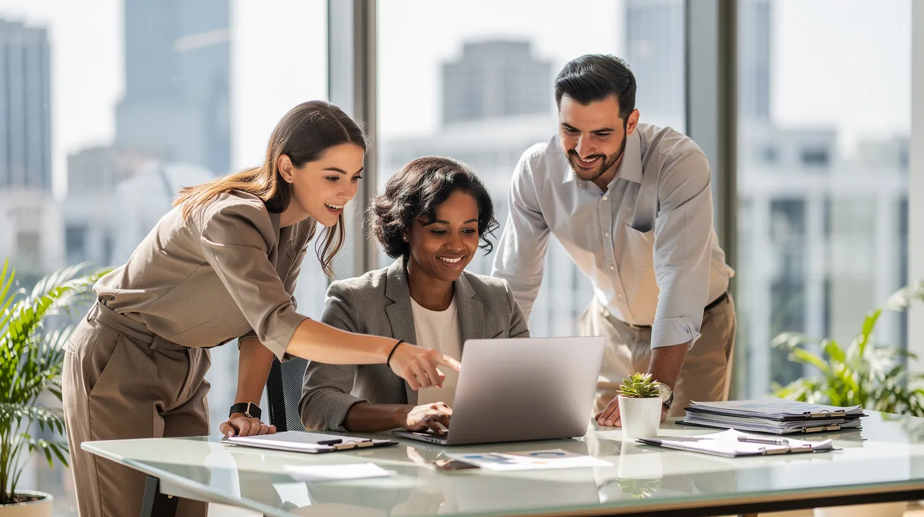 A professional team collaborates around a laptop in a modern office environment, discussing strategies for search engine optimization and digital marketing. The scene showcases a dynamic work atmosphere where team members are engaged in brainstorming and sharing insights about AI search engines and AI optimized content.