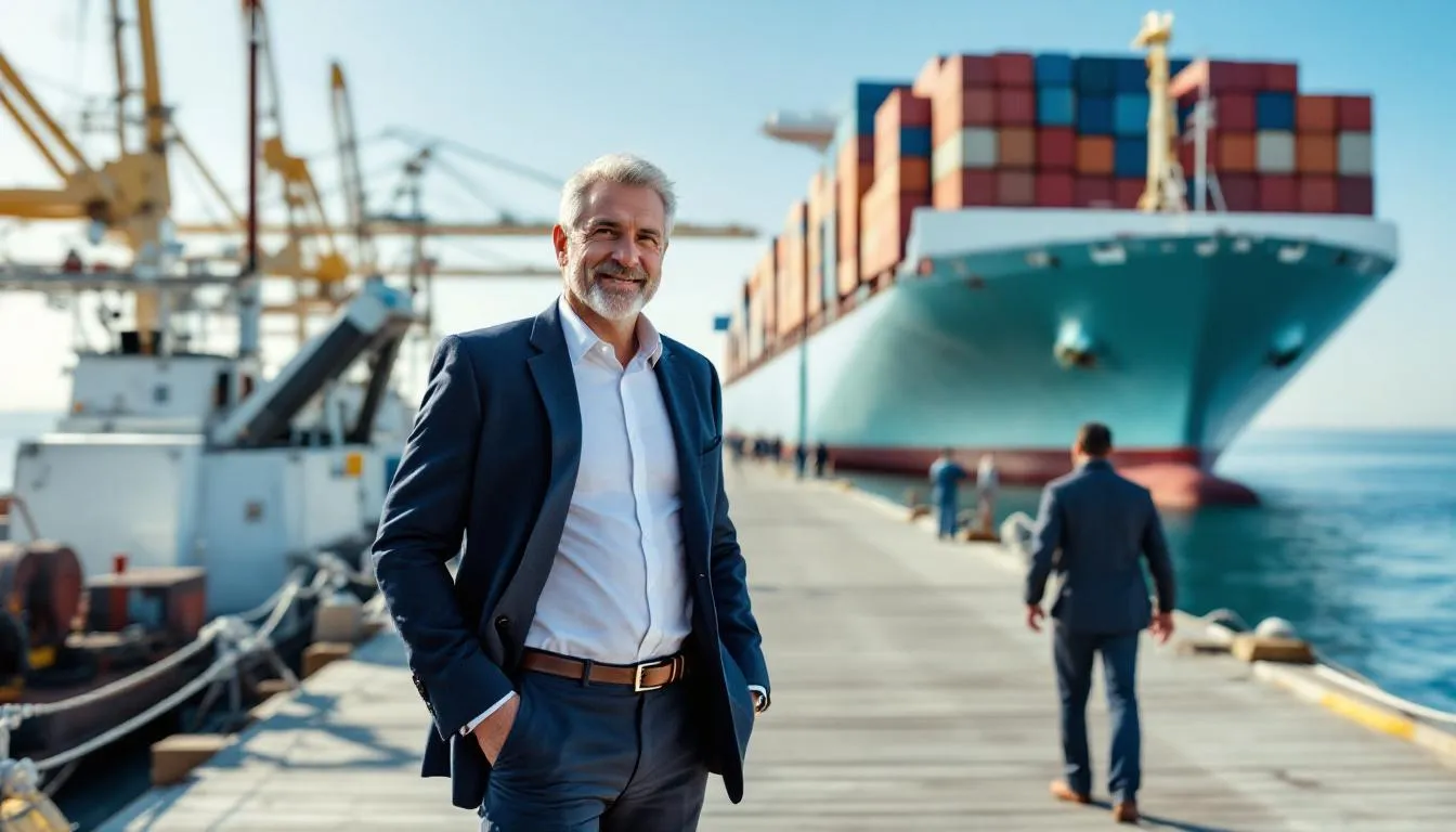 A maritime shipping business owner stands confidently on a dock, with a large cargo ship in the background, symbolizing success in the maritime industry. This scene reflects the potential for steady growth and profitability through customized maritime finance solutions and secured maritime loans.
