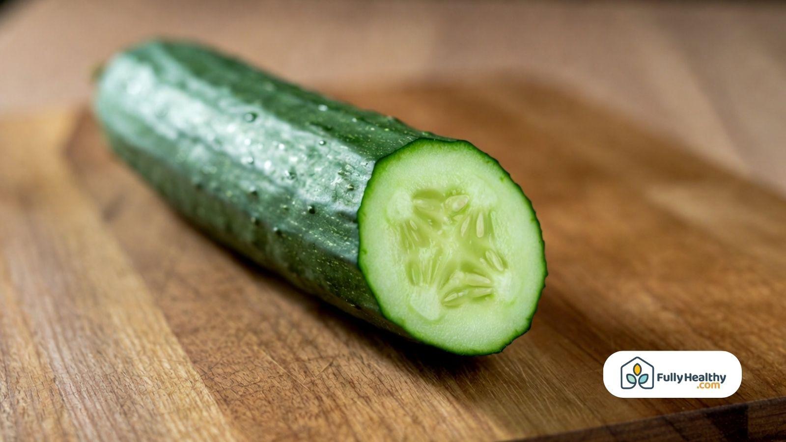 Whole cucumber with cut end showing seeds on a wooden board.