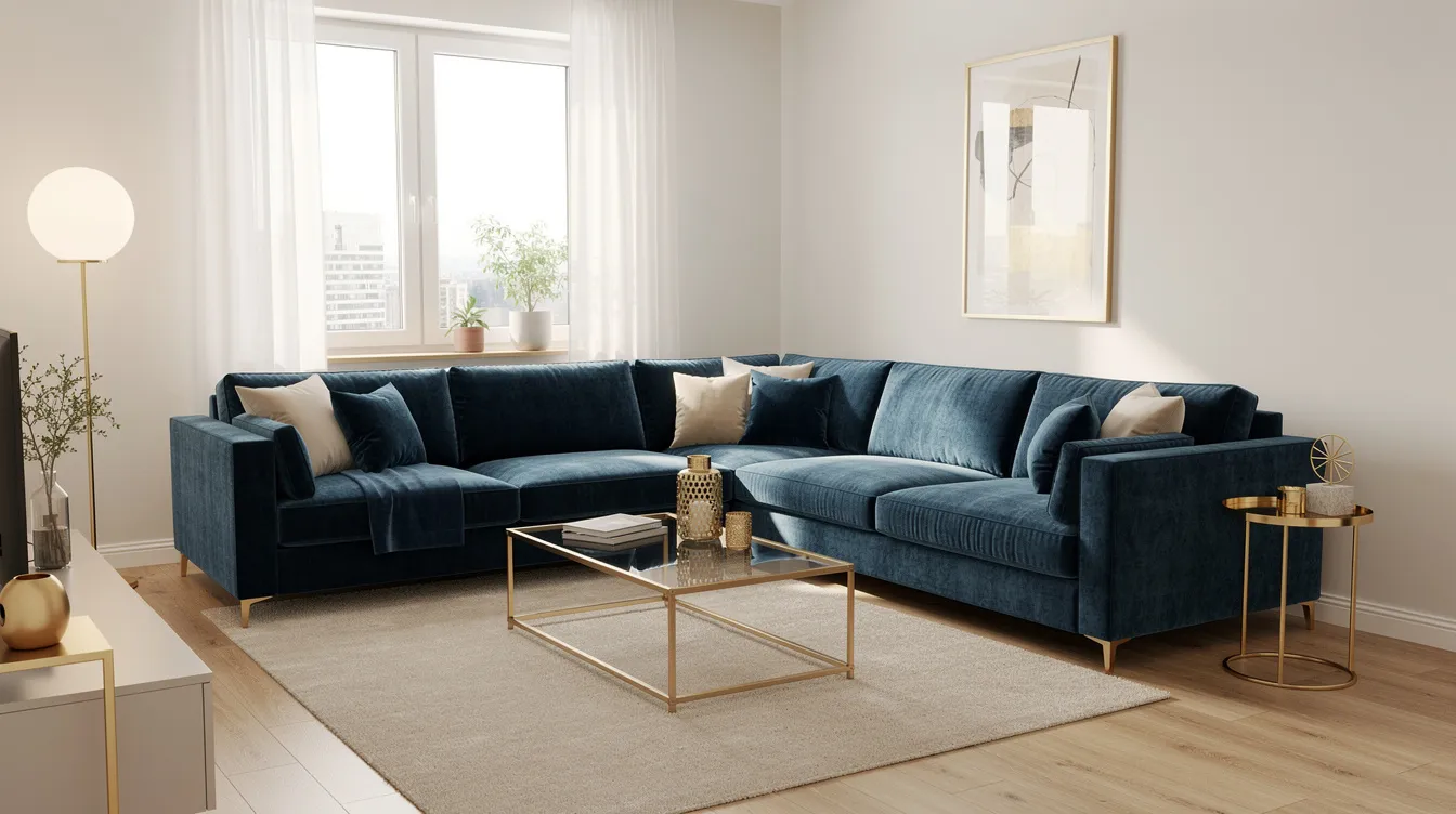 Een moderne woonkamer met een chique uitstraling, waarin een petrolblauwe velvet hoekbank centraal staat, omringd door gouden accenten. De zachte stof van de fluwelen meubels voegt een luxe en gezellige sfeer toe aan het interieur.
