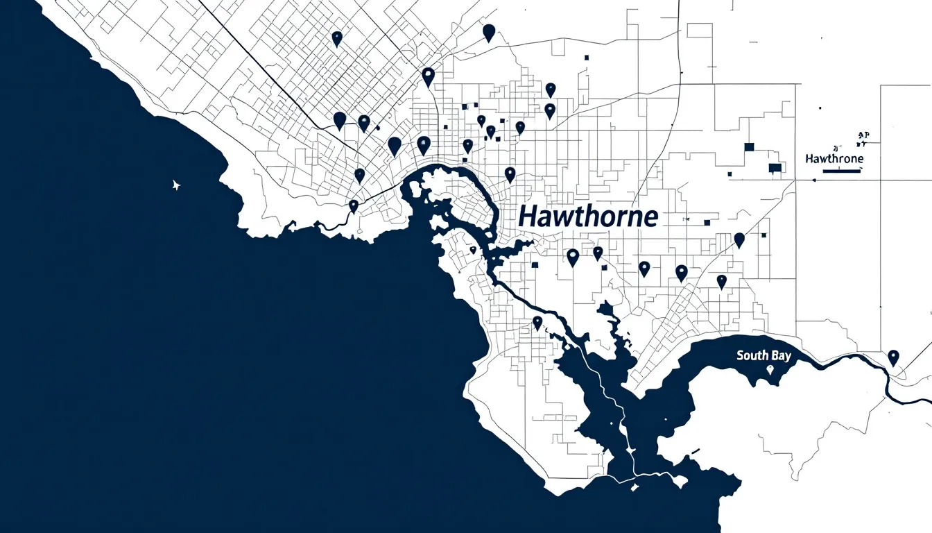 A map showing Hawthorne and surrounding areas, emphasizing the South Bay region.