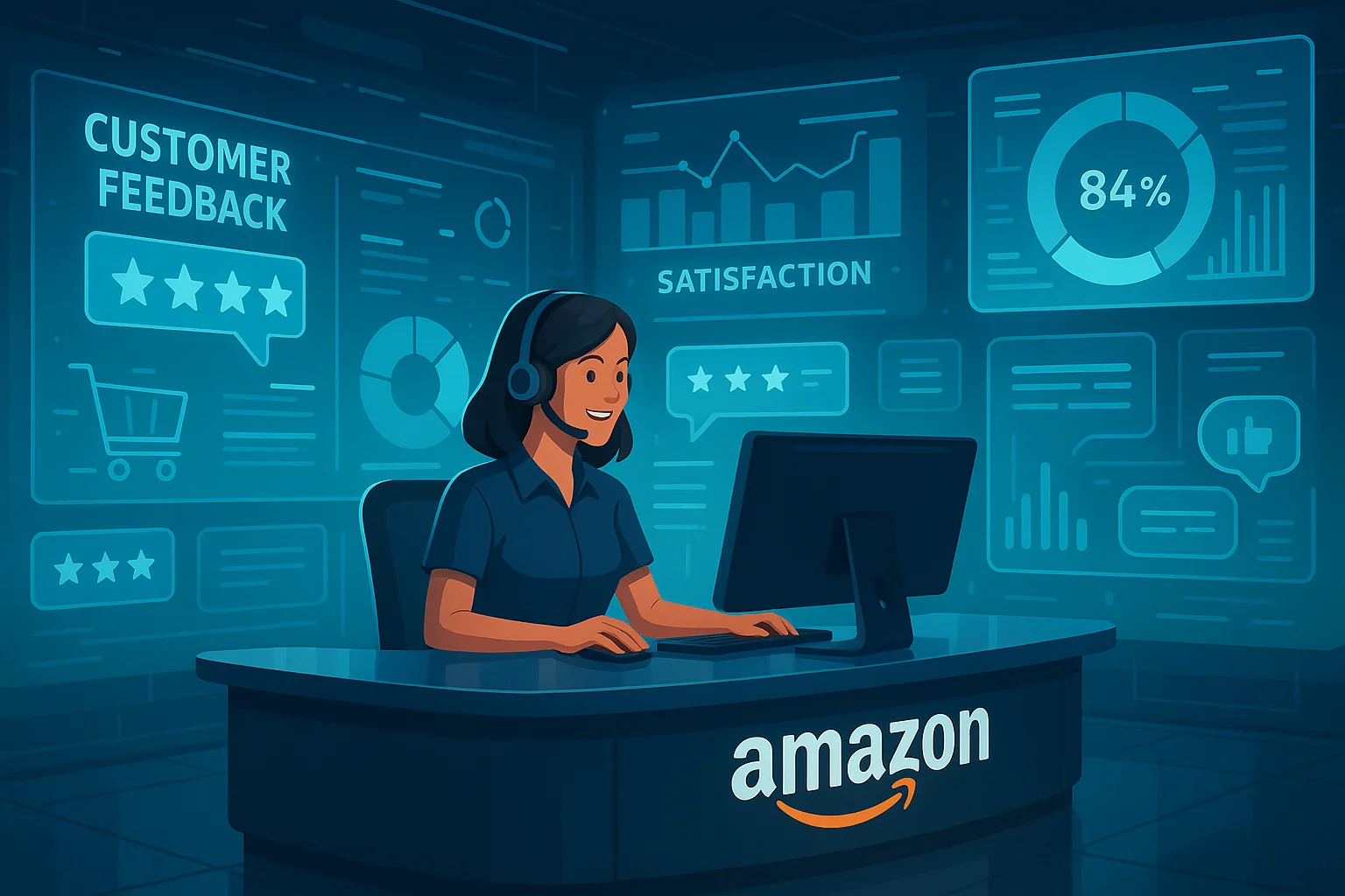 Amazon-style futuristic customer service setup showing customer data and user satisfaction metrics.