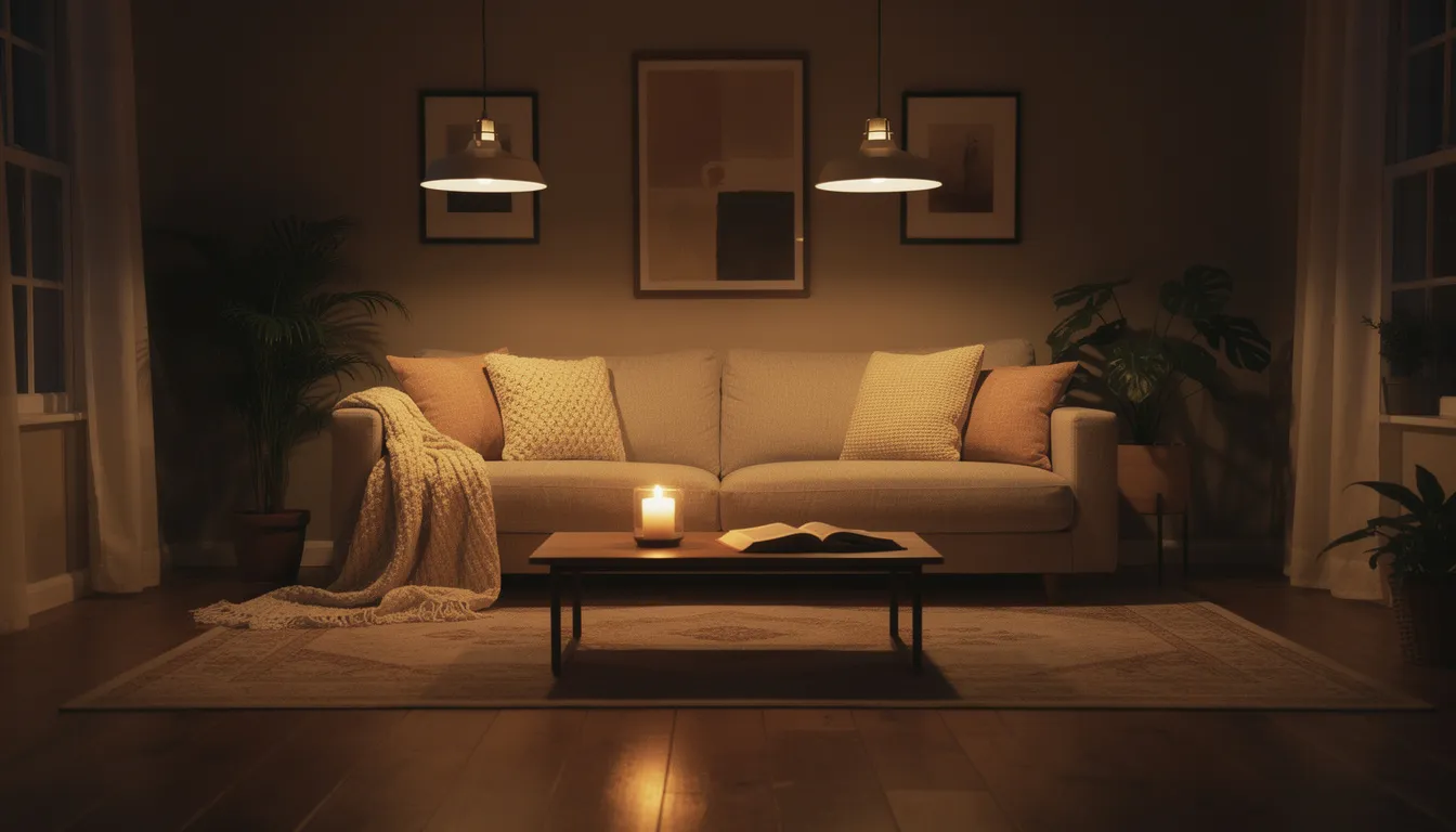 En mysig kväll i ett vardagsrum med varm, dämpad takbelysning som skapar en intim atmosfär. Taklampan hänger ned från taket och ger ett mjukt ljus som gör rummet inbjudande och hemtrevligt.