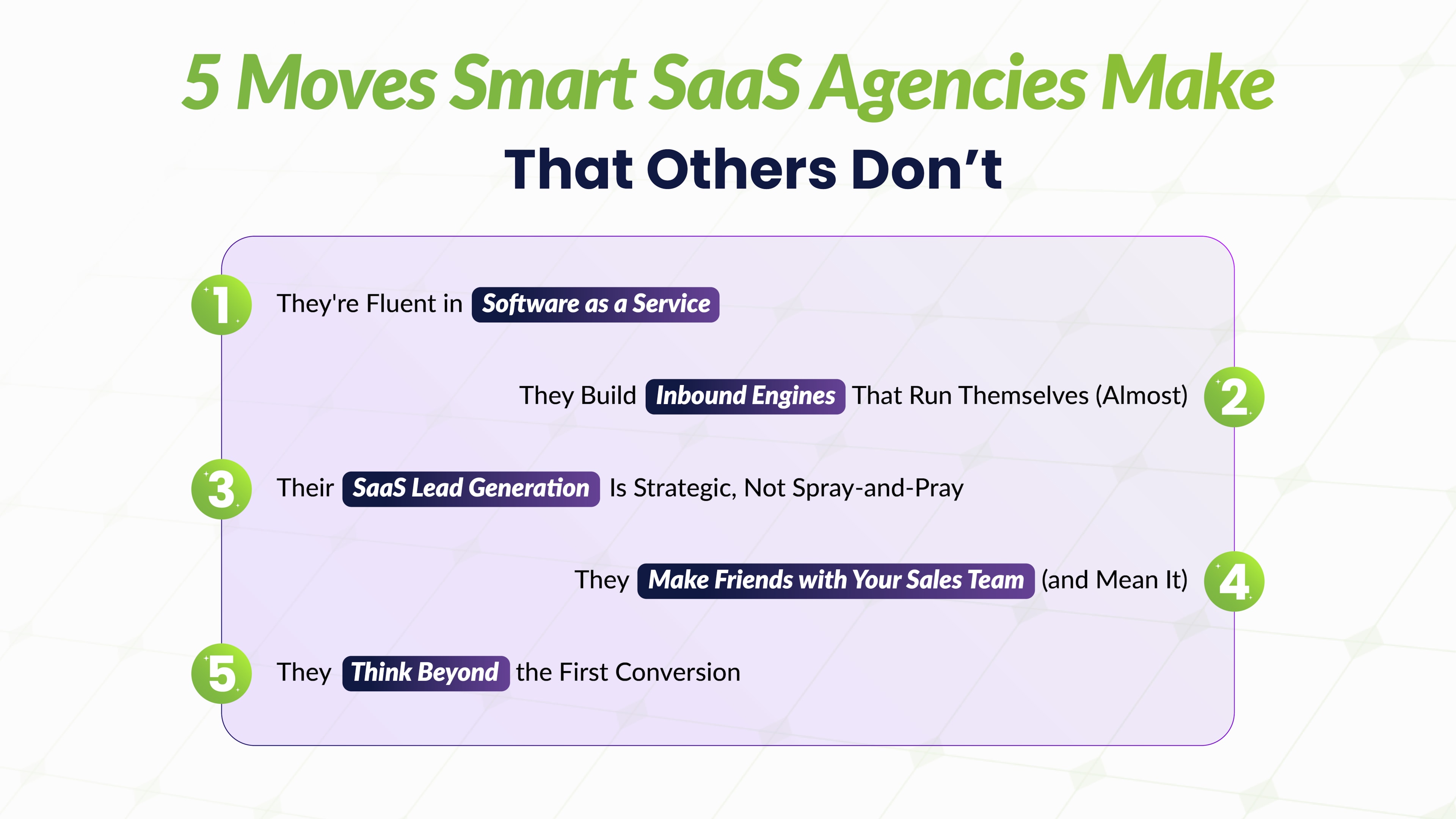 Infographic titled “5 Moves Smart SaaS Agencies Make That Others Don’t,” listing key strategies like fluency in Software as a Service and building inbound engines.