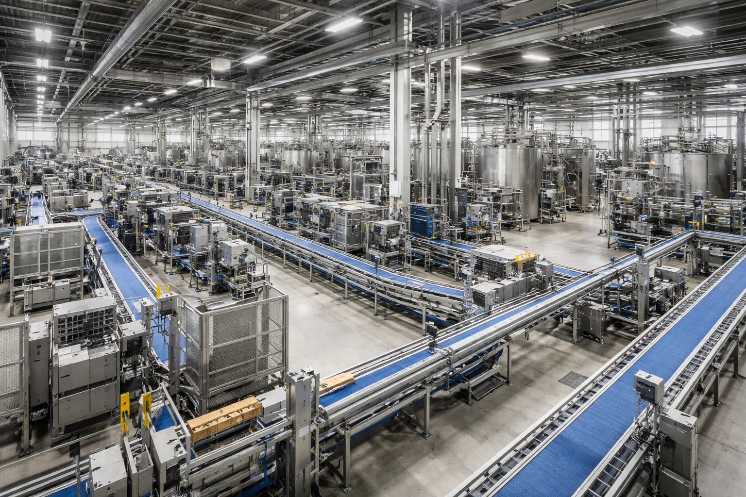 Modern industrial manufacturing facility showing automated production lines, heavy machinery, and engineered systems.
