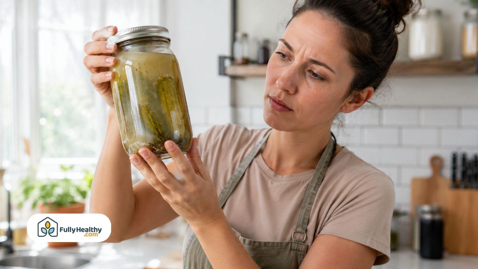 Woman inspecting cloudy pickle jar for spoilage in bright home kitchen naturally