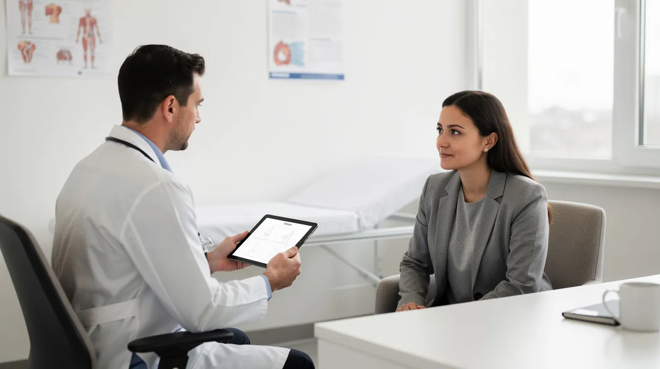 In a medical office, a doctor sits across from a patient, discussing important aspects of sleep health and habits. The consultation focuses on optimizing sleep quality, addressing issues like poor sleep and sleep disorders, while emphasizing the importance of good sleep hygiene for overall wellness.