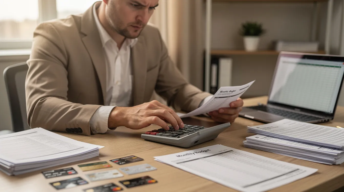 A person is sitting at a desk, surrounded by multiple credit cards and financial statements, using a calculator to review their financial situation. The scene emphasizes the importance of managing credit and understanding one's financial status, which is crucial for effective debt management and maintaining a good credit score.