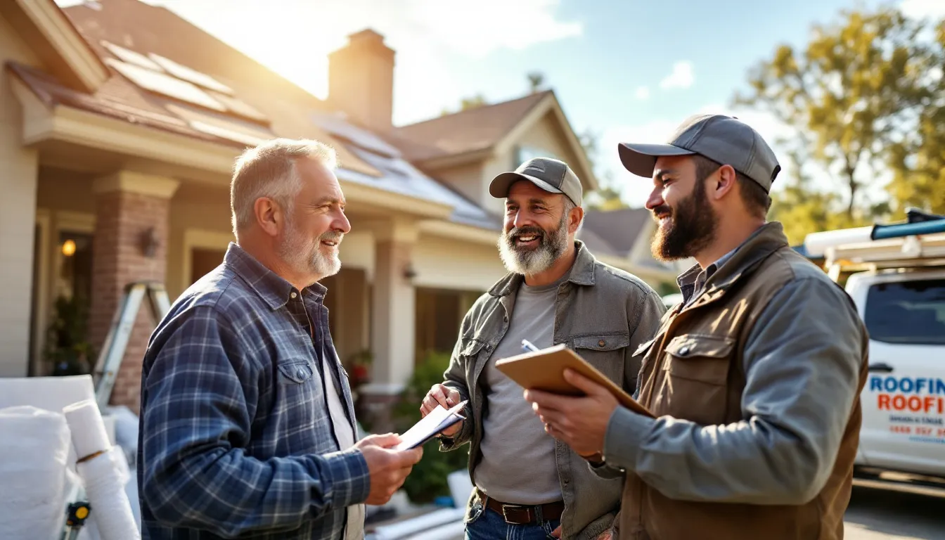 A homeowner consulting with a roofing contractor in Temple, TX about roofing options.