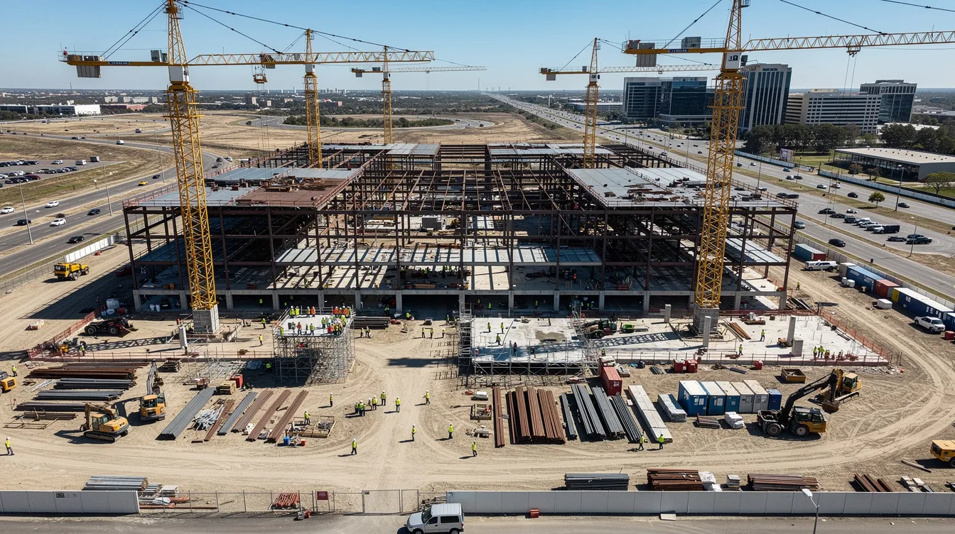 An aerial view showcases a bustling commercial construction site, featuring cranes, steel structures, and workers donned in high-visibility vests. This dynamic scene highlights the ongoing construction projects and the importance of lead generation strategies for contractors to secure future clients and project opportunities.