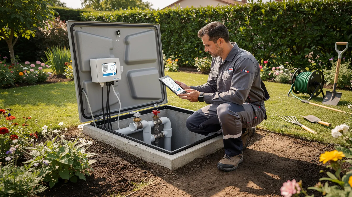 Un technicien inspecte une installation d'assainissement non collectif dans un jardin, vérifiant le fonctionnement d'une micro station d'épuration. L'environnement est naturel, et le système est conçu pour le traitement des eaux usées de l'habitation.
