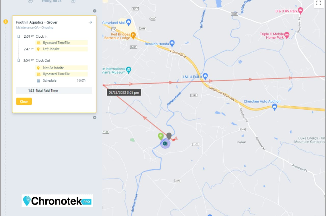 A laptop with a GPS time clock app open and a location tracking map in the background is one of Chronotek Pro's key features