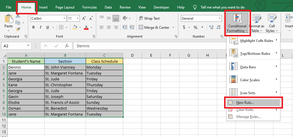 Go to Home Tab, click the Conditional Formatting option, and click New rule.