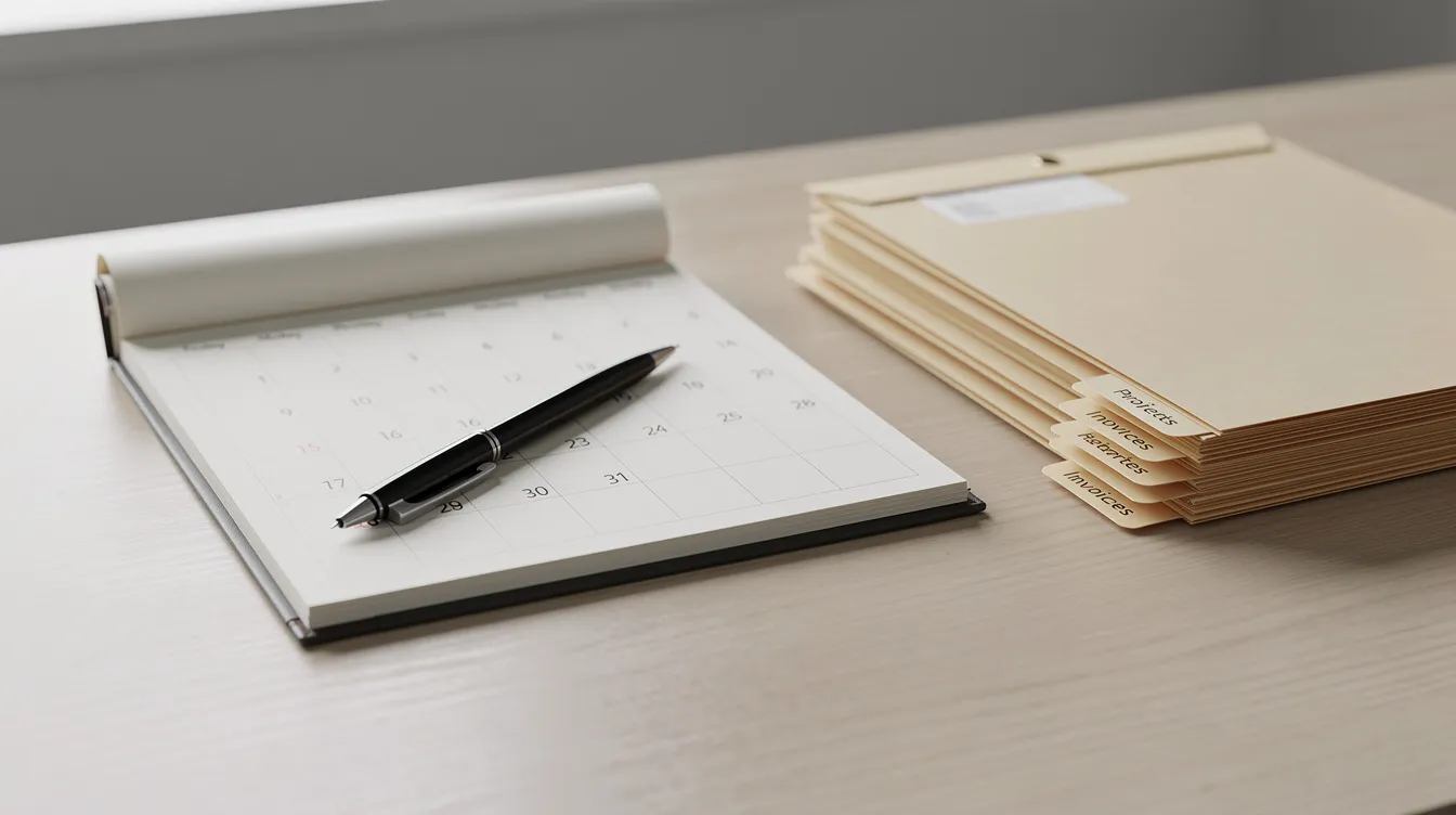 An open desk calendar displays various dates with a pen resting on it, accompanied by a stack of folders that may contain important documents related to construction projects, such as lien claims and notices. This setup suggests a workspace focused on managing mechanics liens and legal claims for property owners and contractors.