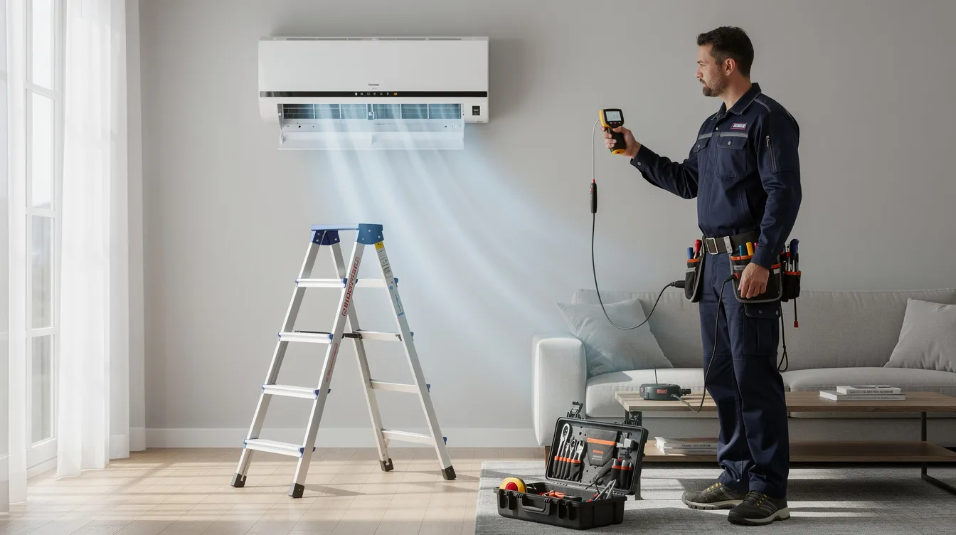 A technician is testing the airflow and temperature of a newly installed split air conditioner, ensuring it operates efficiently in an indoor room. The unit, with a capacity of 24,000 BTU, is connected to a remote control for easy adjustments.